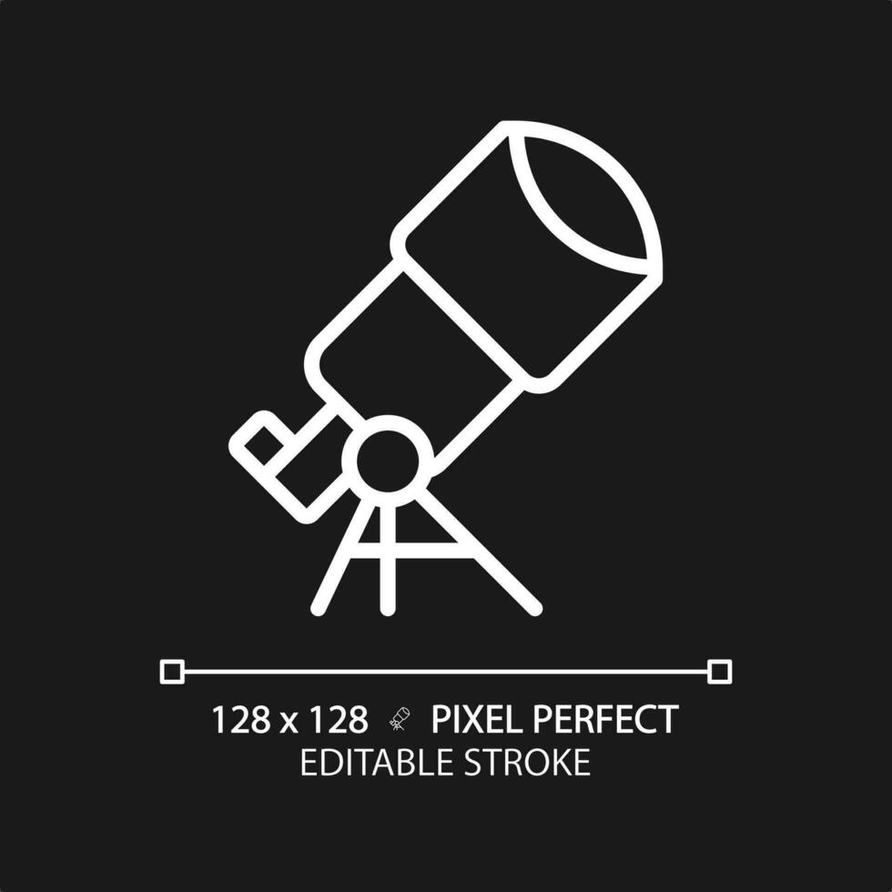 Telescope pixel perfect white linear icon for dark theme. Star gazing. Space discovery. Planetary science. Astronomy education. Thin line illustration. Isolated symbol for night mode. Editable stroke vector