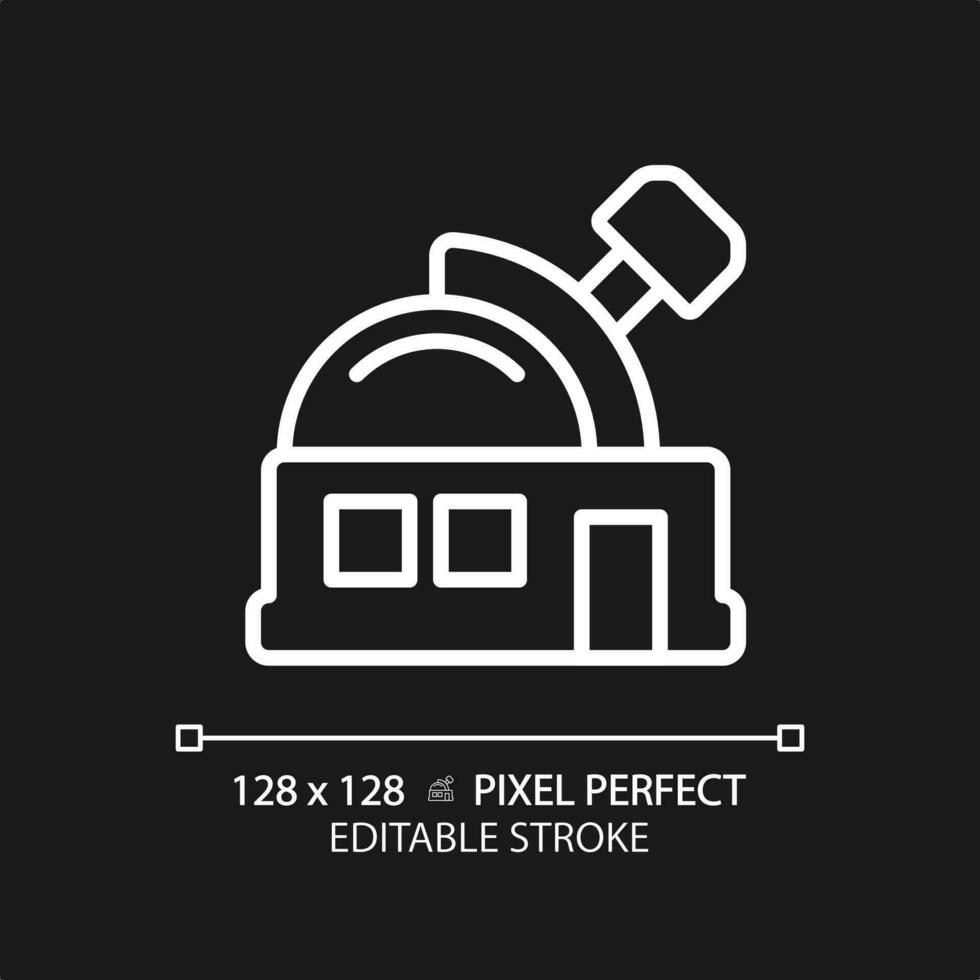 Observatory pixel perfect white linear icon for dark theme. Research facility. Space exploration. Astronomy education. Thin line illustration. Isolated symbol for night mode. Editable stroke vector