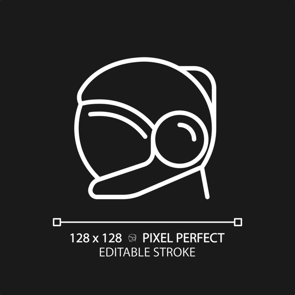 Space helmet pixel perfect white linear icon for dark theme. Mars mission. Astronaut training. Space tourism. Safety equipment. Thin line illustration. Isolated symbol for night mode. Editable stroke vector