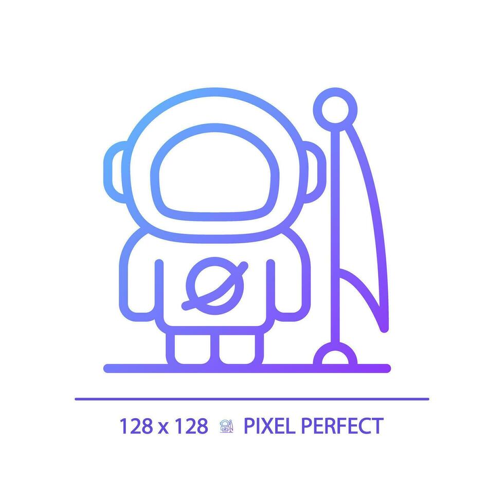 Man on moon pixel perfect gradient linear vector icon. Lunar landing. Astronaut suit. Space achievement. First step. Thin line color symbol. Modern style pictogram. Vector isolated outline drawing