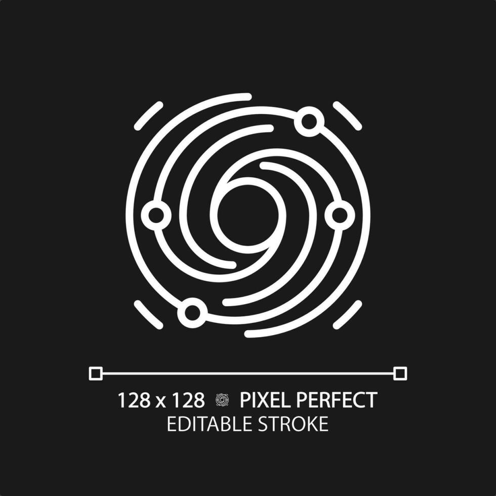 Galaxy pixel perfect white linear icon for dark theme. Black hole. Cosmic dust. Dark matter. Star formation. Space science. Thin line illustration. Isolated symbol for night mode. Editable stroke vector