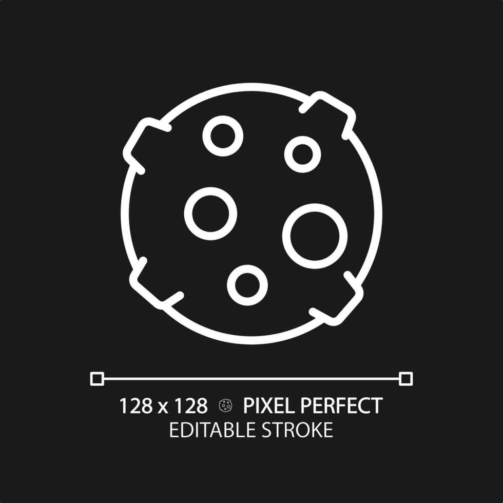 Moon pixel perfect white linear icon for dark theme. Lunar science. Earth satellite. Outer space. Astronomy education. Thin line illustration. Isolated symbol for night mode. Editable stroke vector