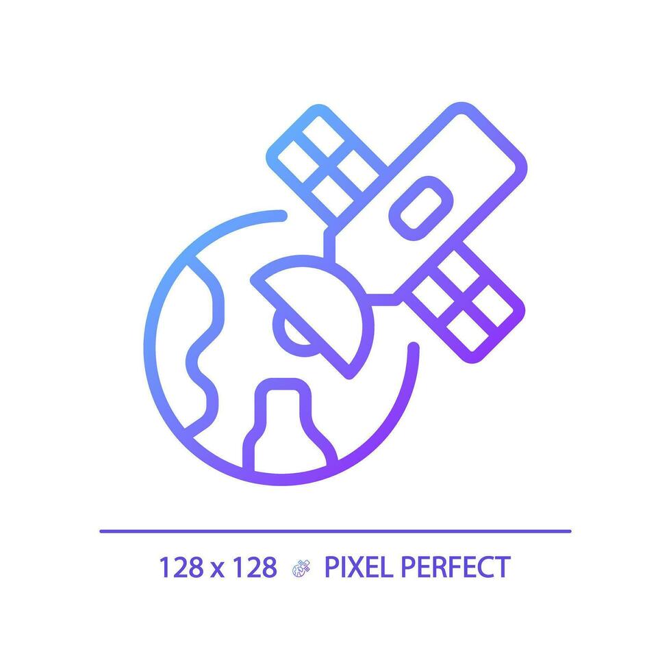 Satellite pixel perfect gradient linear vector icon. Launch vehicle. Earth orbit. Global positioning system. Thin line color symbol. Modern style pictogram. Vector isolated outline drawing