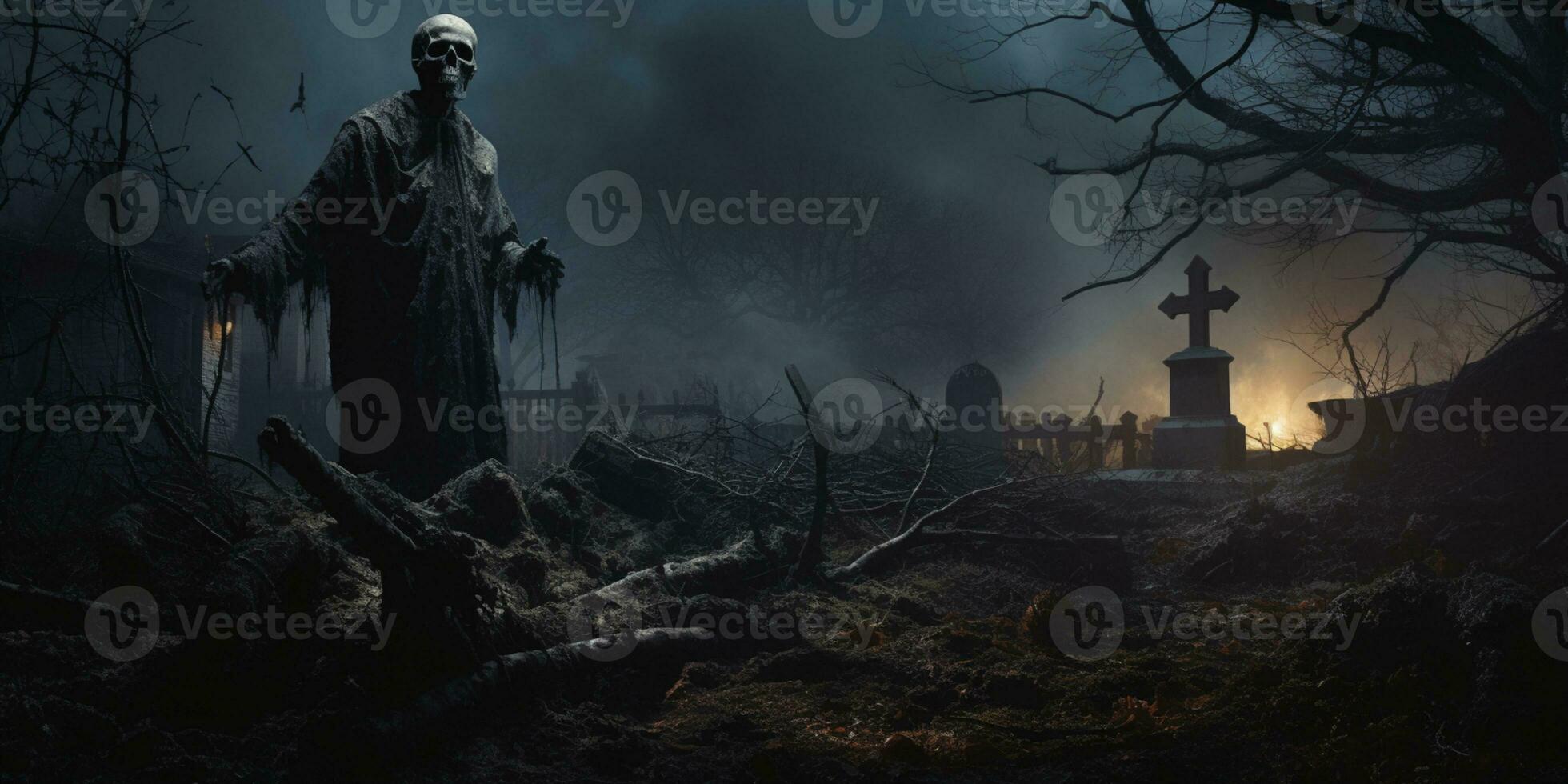 Ghost scenery Halloween background, Zombie Apocalypse, scary haunted cemetery, AI Generative photo