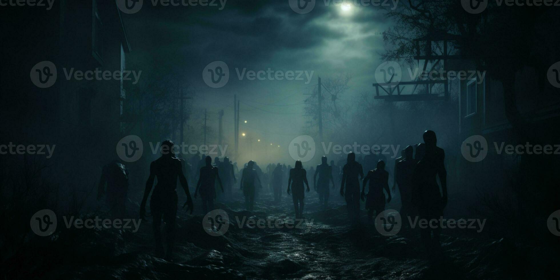 Ghost scenery Halloween background, Zombie Apocalypse, scary haunted cemetery, AI Generative photo