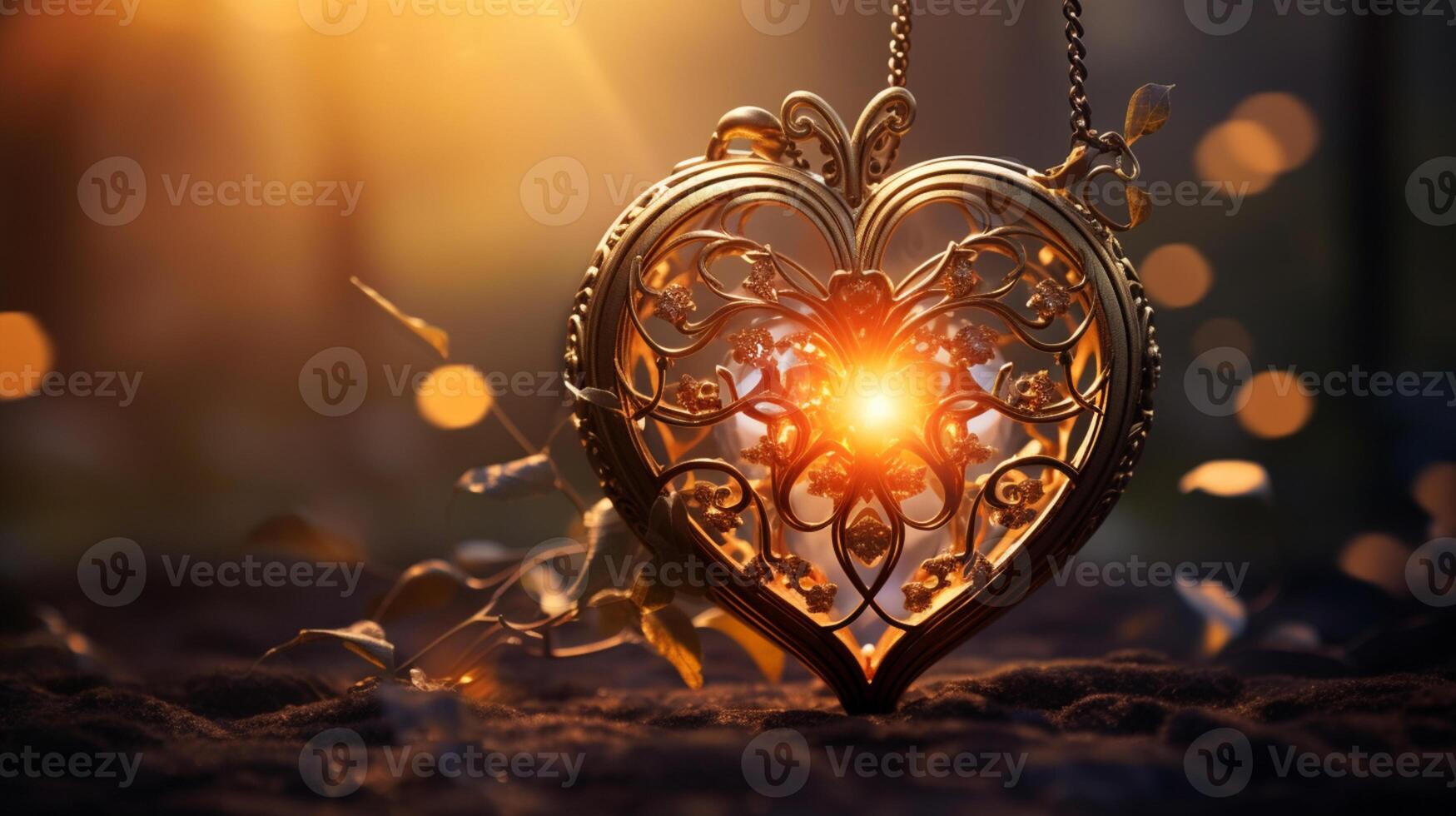 Sparkle Glowing Heart reflected lights, orange and gold, captivating visual, Romantic scenery, dreamy, copy space, greeting card, AI Generative photo