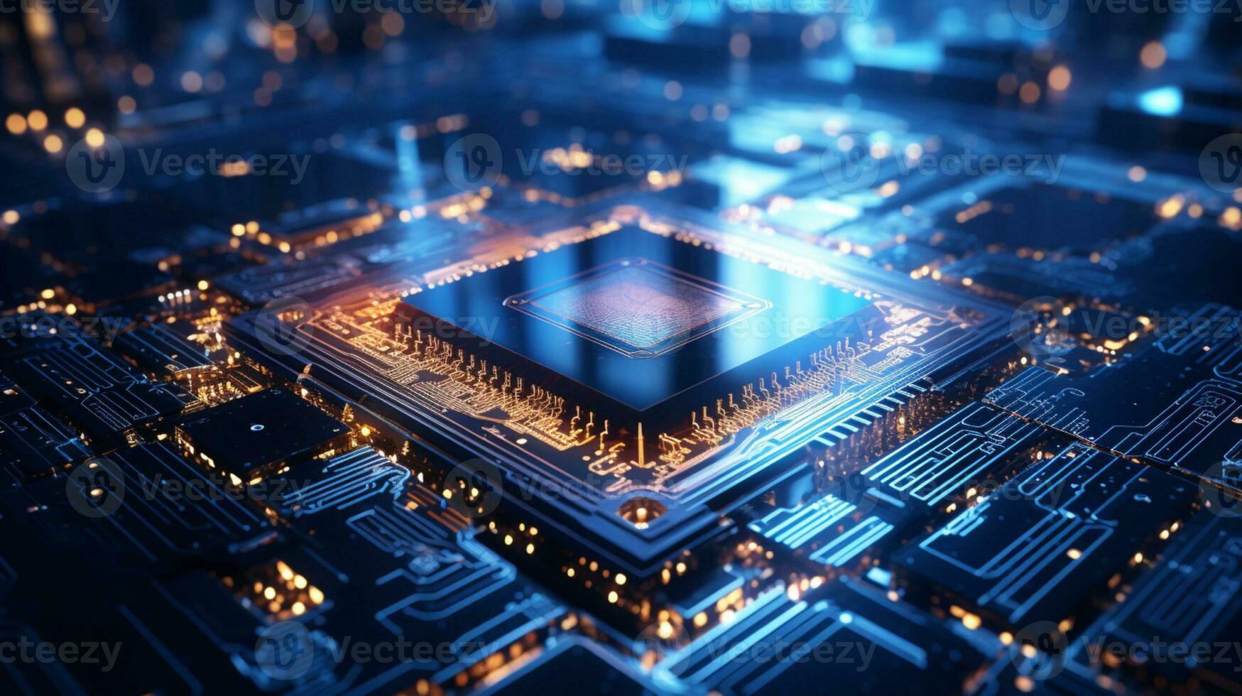 High-tech Computer chip close up shot, production of electronic, circuit board, futuristic design, extreme detail, AI Generative photo