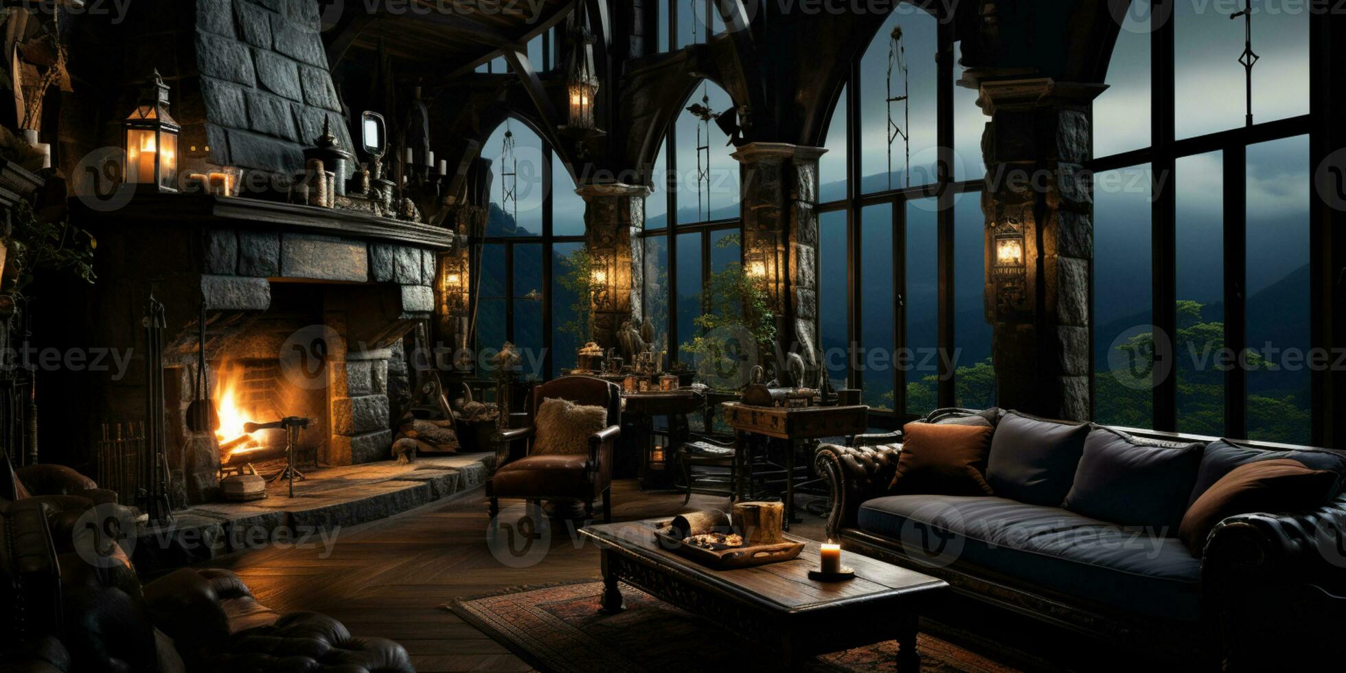 Interior Design, Beautiful Living room Gothic Style, Luxury Mansion, Elegant tall window, AI Generative photo