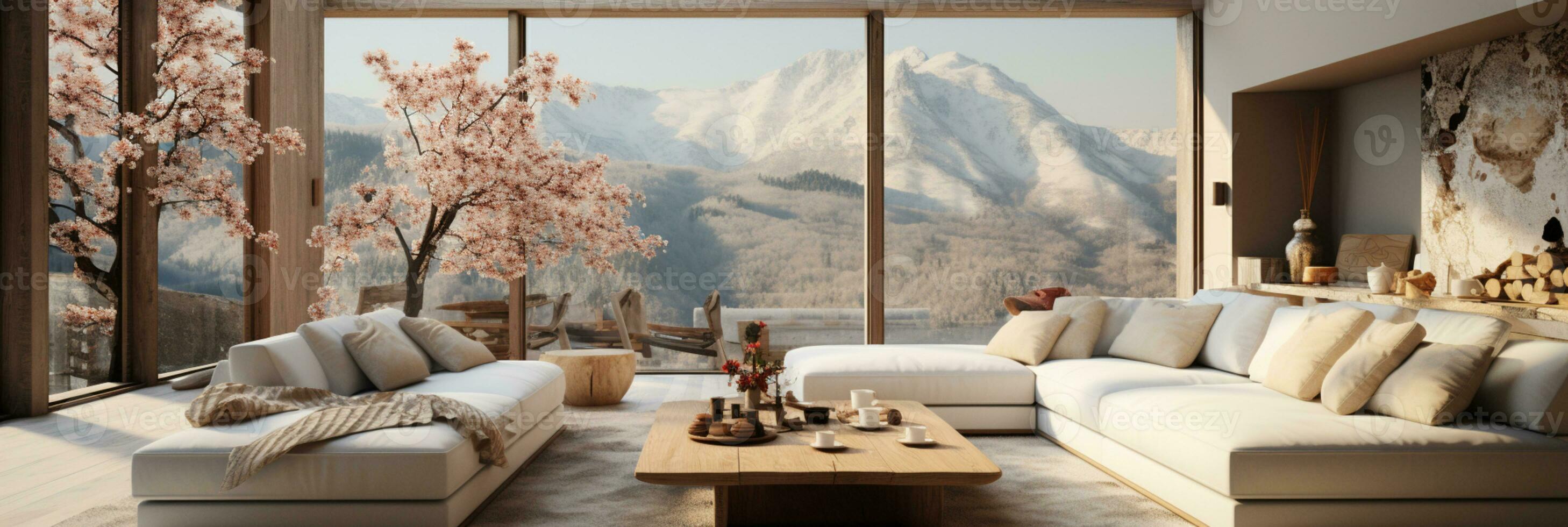 Interior Design, Minimalistic Living room with serene nature view, Beautiful villa design in the forest, AI Generative photo