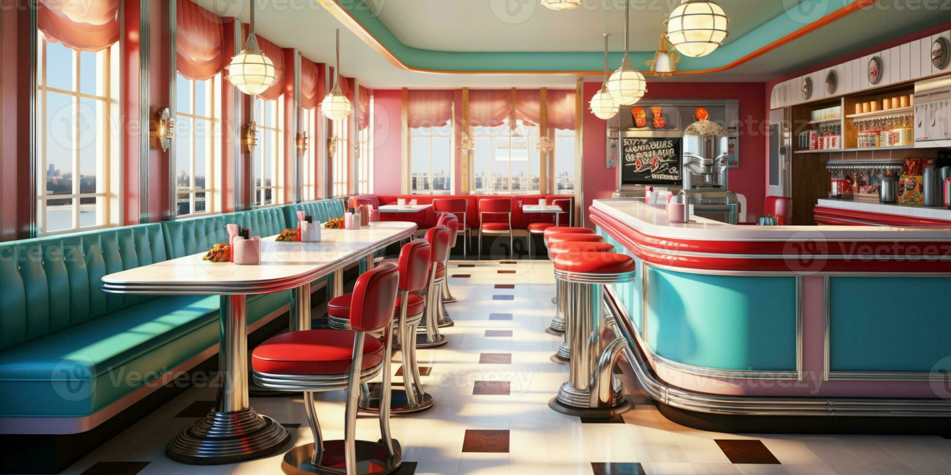 Retro vintage diner restaurant, interior design, stylish old fashioned design concept, AI Generative photo