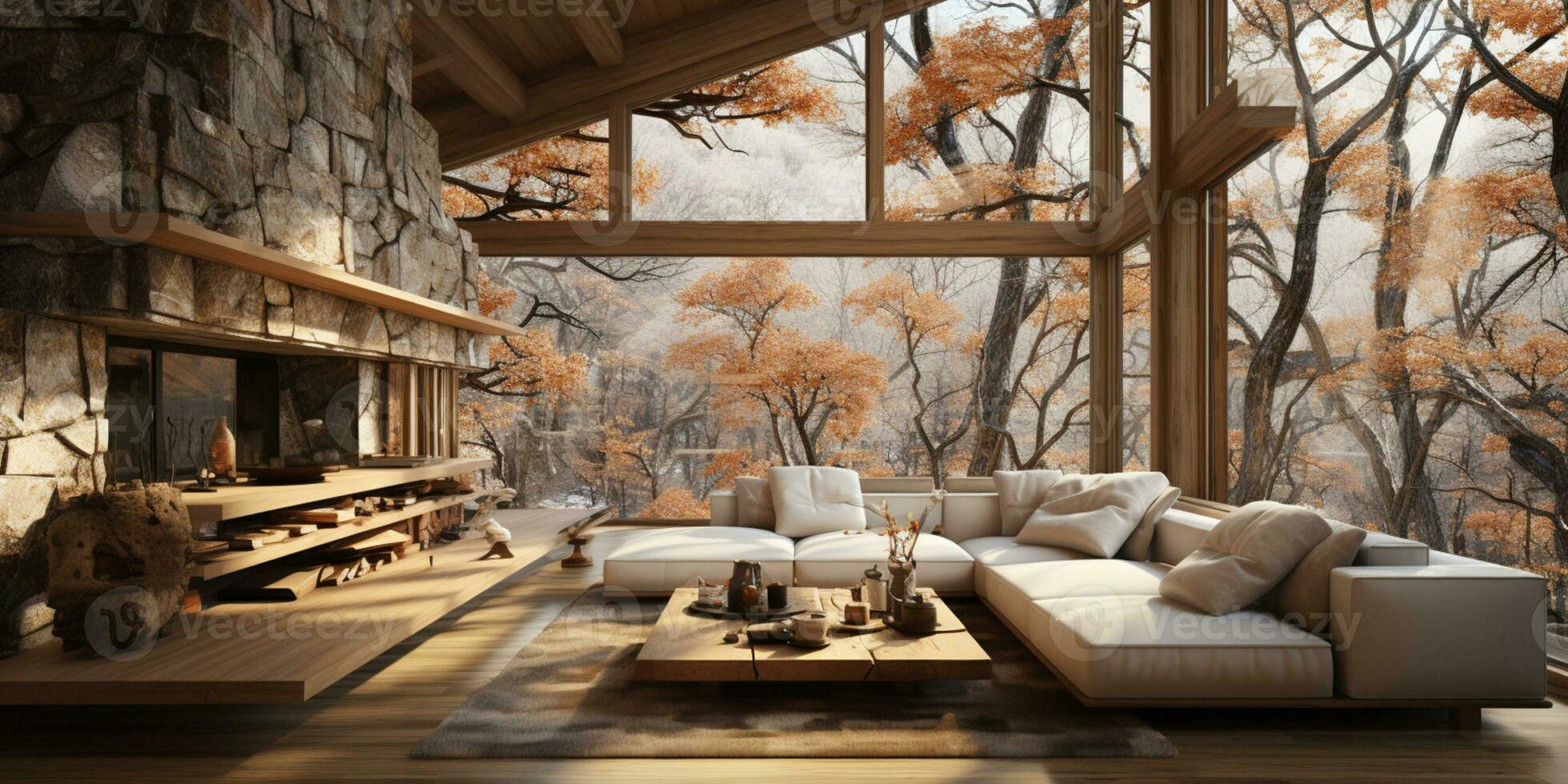 Interior Design, Minimalistic Living room with serene nature view, Beautiful villa design in the forest, AI Generative photo