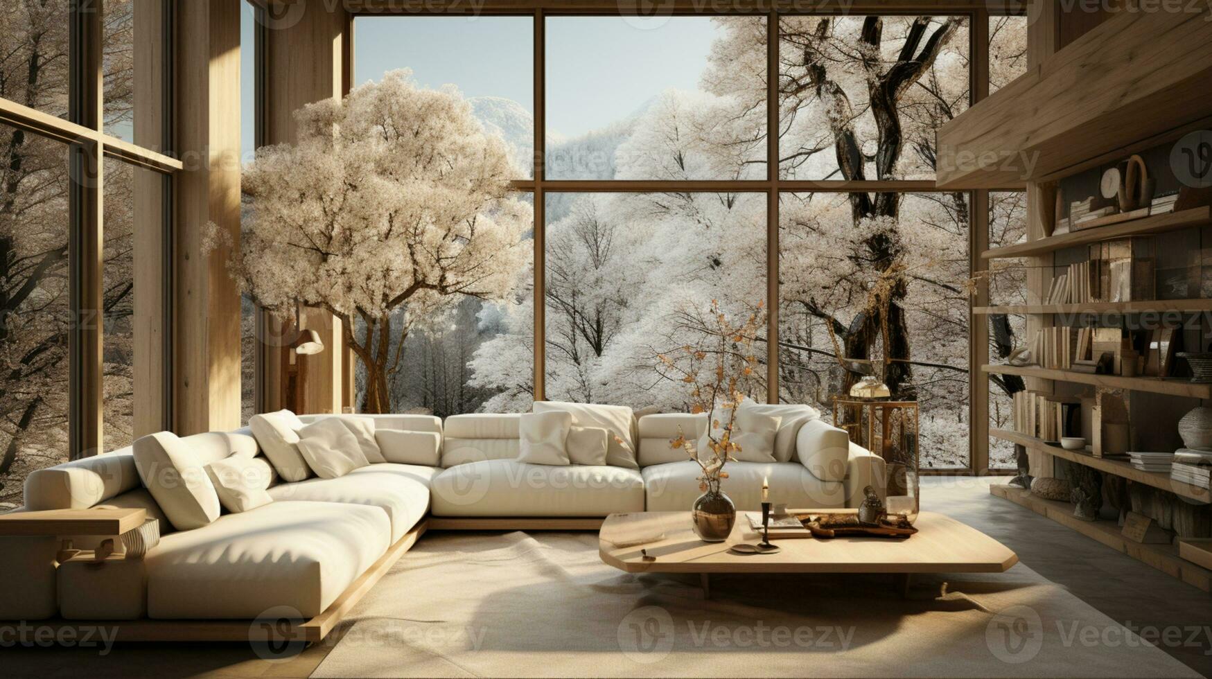 Interior Design, Minimalistic Living room with serene nature view, Beautiful villa design in the forest, AI Generative photo