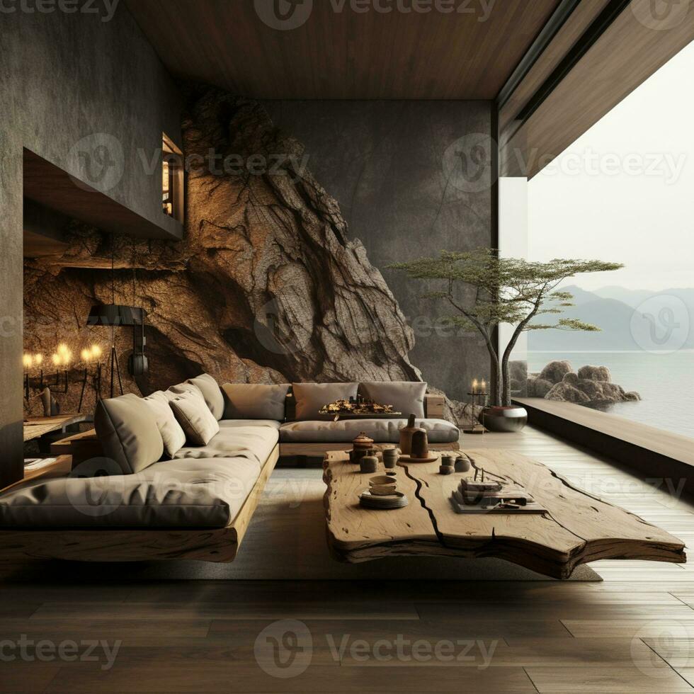 Interior Design, Living room with serene nature view, Beautiful mansion design in the forest, AI Generative photo