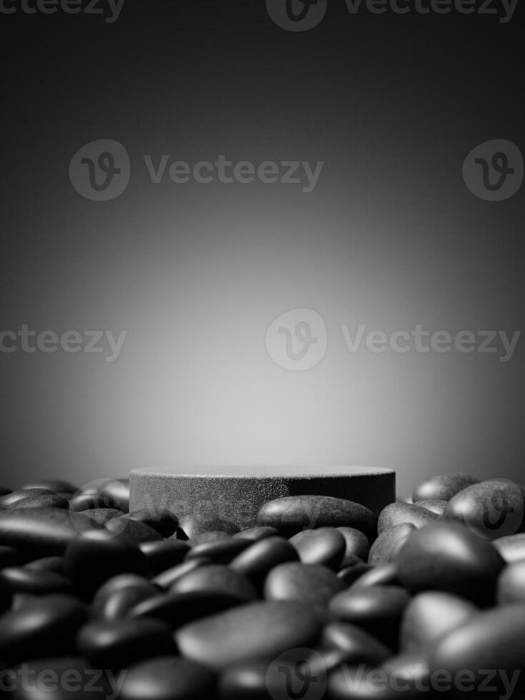 3d round display podium on the pebbles against glow light background. 3d rendering of realistic presentation for product advertising. 3d minimal illustration. photo