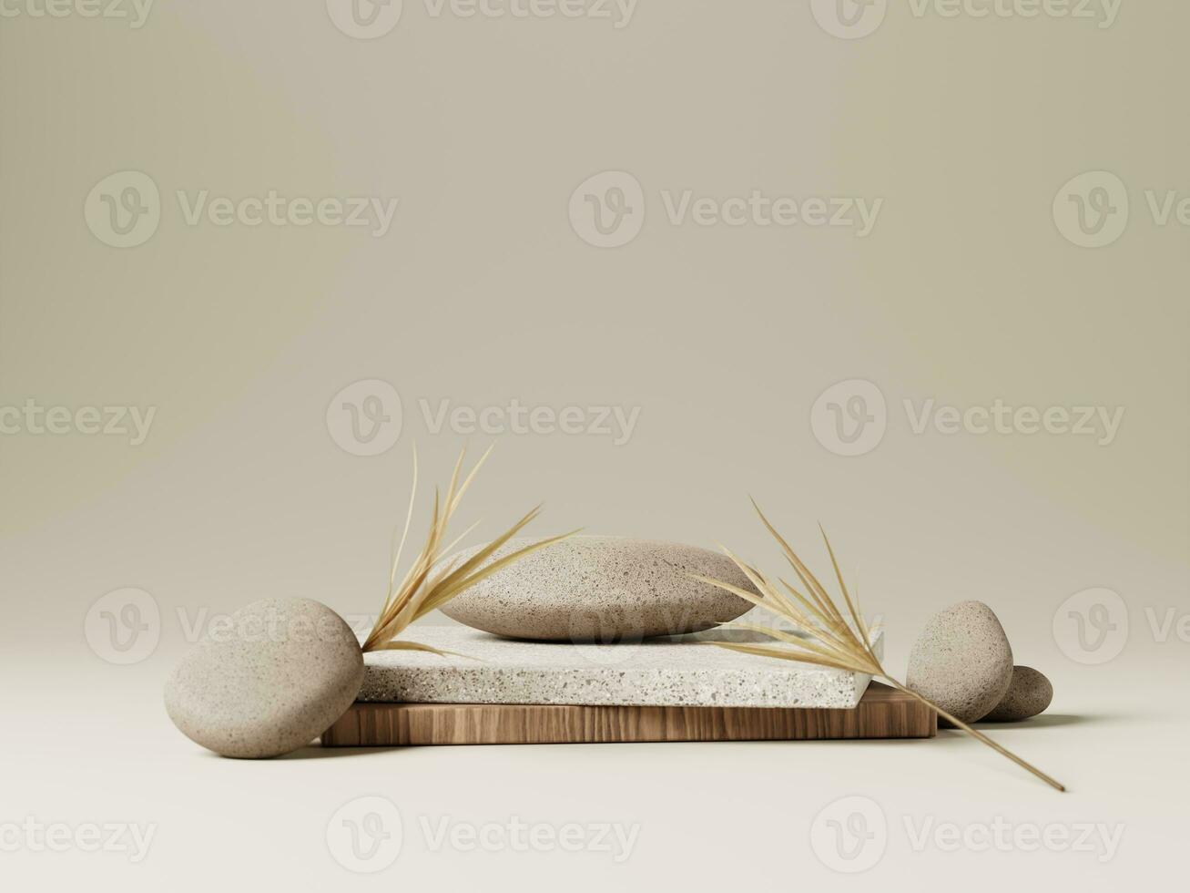 3d stone display podium with dried plant on wooden and granite plates against beige background. 3d rendering of realistic presentation for product advertising. 3d minimal illustration. photo