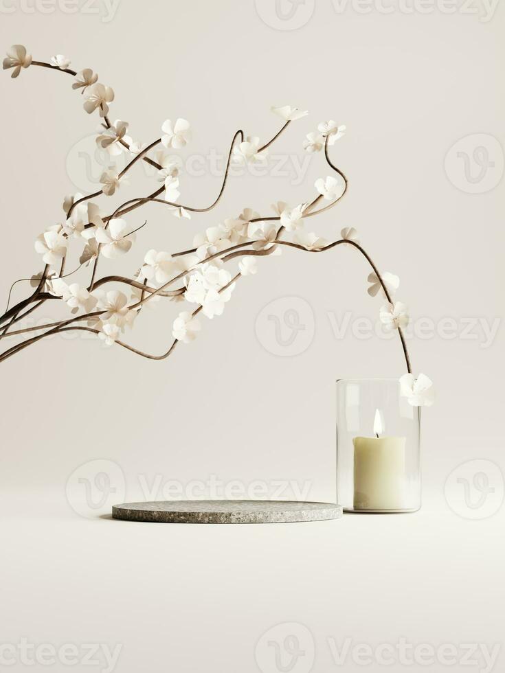 3d marble podium with white flower and candle glass on beige background. 3d rendering of realistic presentation for product advertising. 3d minimal illustration. photo