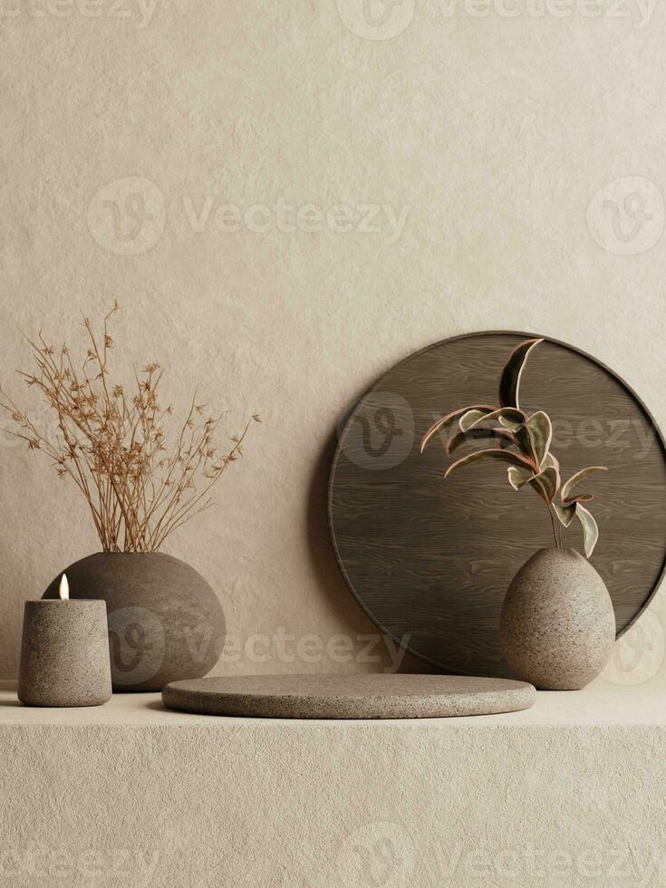 3d brown granite display podium with dried plant in the vase against concrete wall background. 3d rendering of realistic presentation for product advertising. 3d illustration. photo