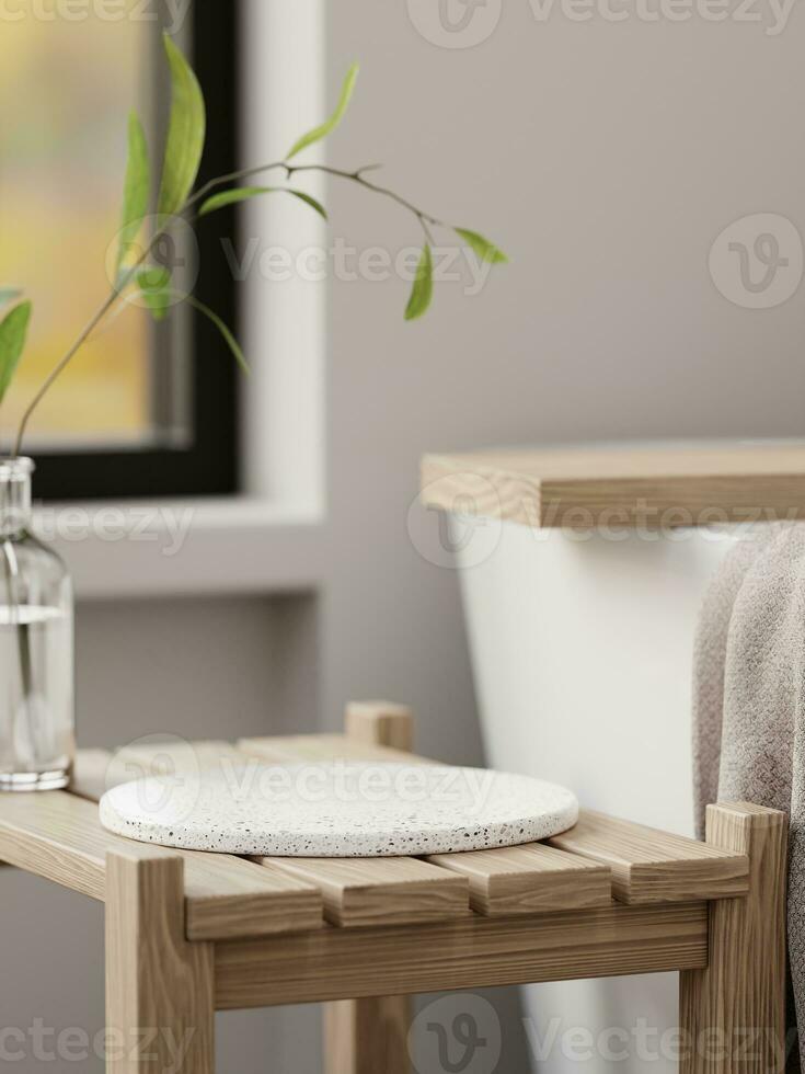 3d terrazzo display podium on wooden table near bathtub in bathroom. photo