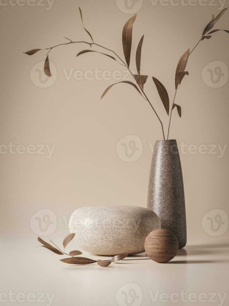 3d stone display podium with plant vase isolated on beige background. 3d rendering of realistic presentation for product advertising. 3d illustration. photo