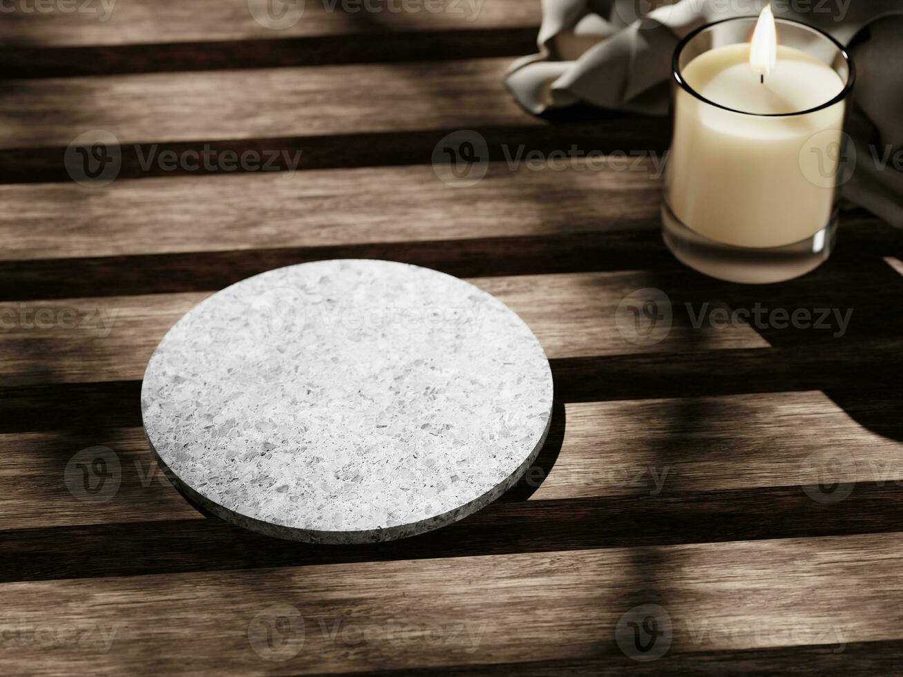 3d granite flat display podium with candle glass and fabric on the wooden table. 3d rendering of realistic presentation for product advertising. 3d illustration. photo