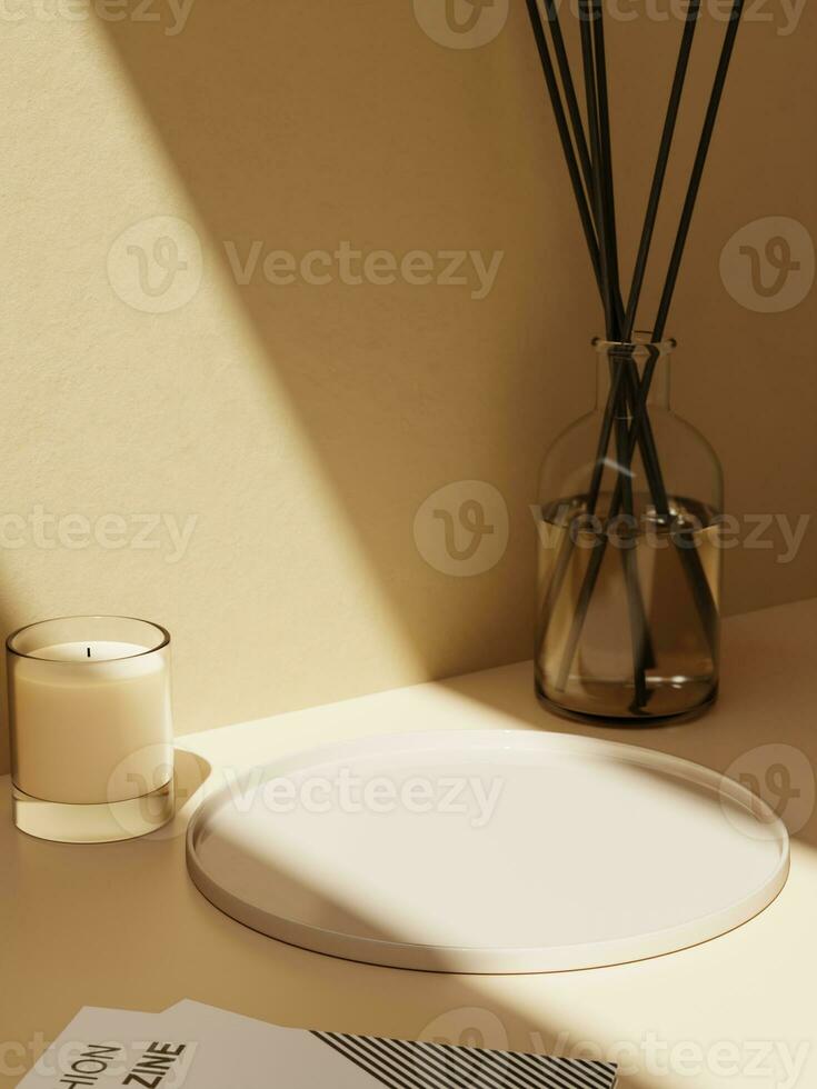 3d white ceramic plate with magazines, candles, diffuser and sun light. 3d rendering of realistic presentation for product advertising. 3d minimal illustration. photo