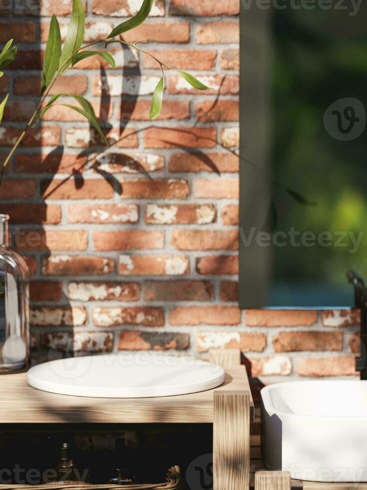 3d ceramic display podium with basin in the bathroom against brick wall. 3d rendering of realistic presentation for product advertising. 3d minimal illustration. photo