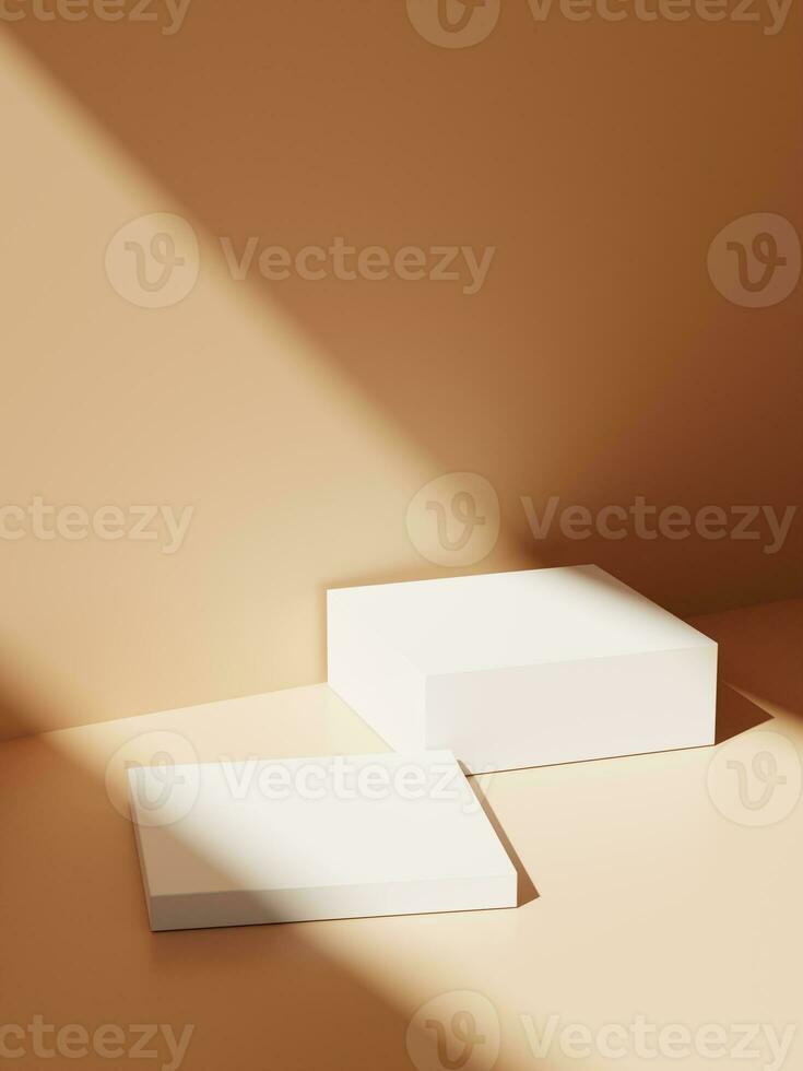 3d white empty display podiums with sun light on beige floor and wall. 3d rendering of realistic presentation for product advertising. 3d minimal illustration. photo