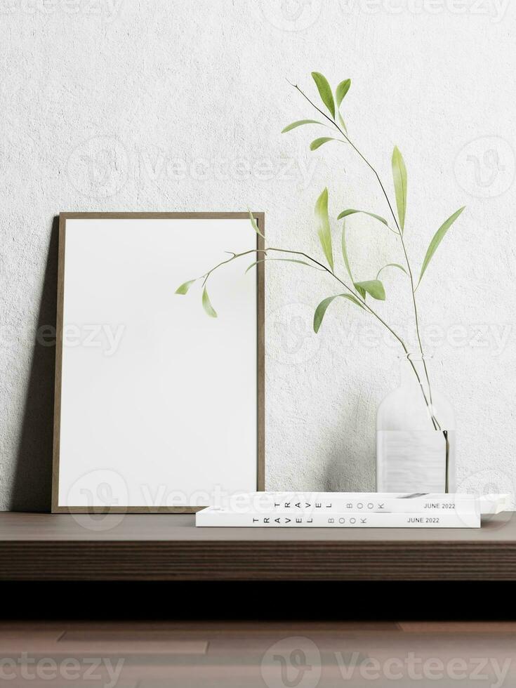 3d vacío imagen marco en el de madera estante con libros y planta en florero. 3d representación de imagen marco burlarse de arriba. 3d ilustración. foto