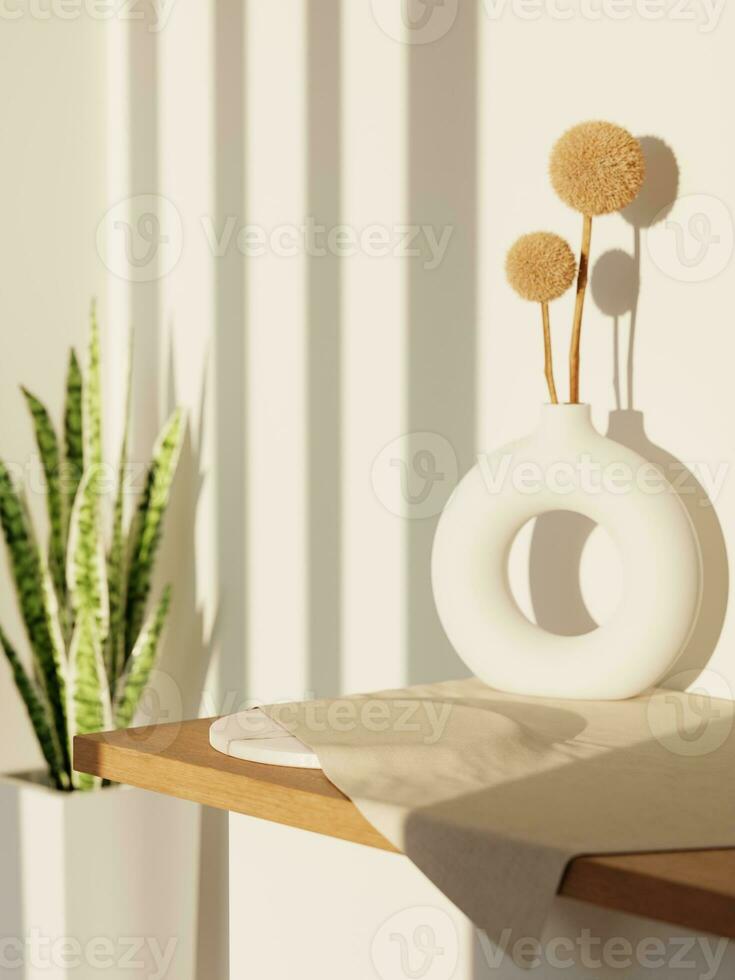 3d white marble display podium on table covered by fabric with dried plant in the jar against white background. 3d rendering of realistic presentation for product advertising. 3d minimal illustration. photo