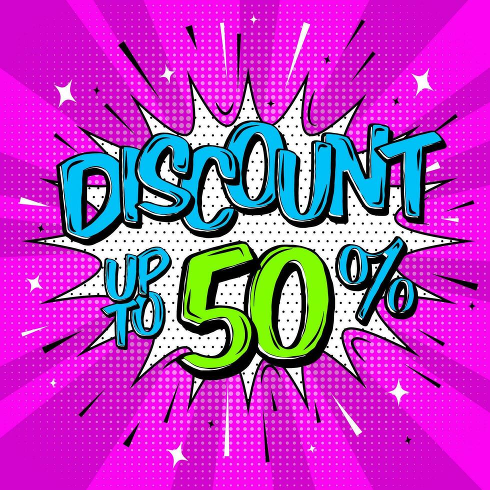 Discount 50 cartoon style. Speech bubble, halftone and beams with text, stars, sparks and Lines. Template design for flyers, social media banners, email and newsletter designs promotional material vector