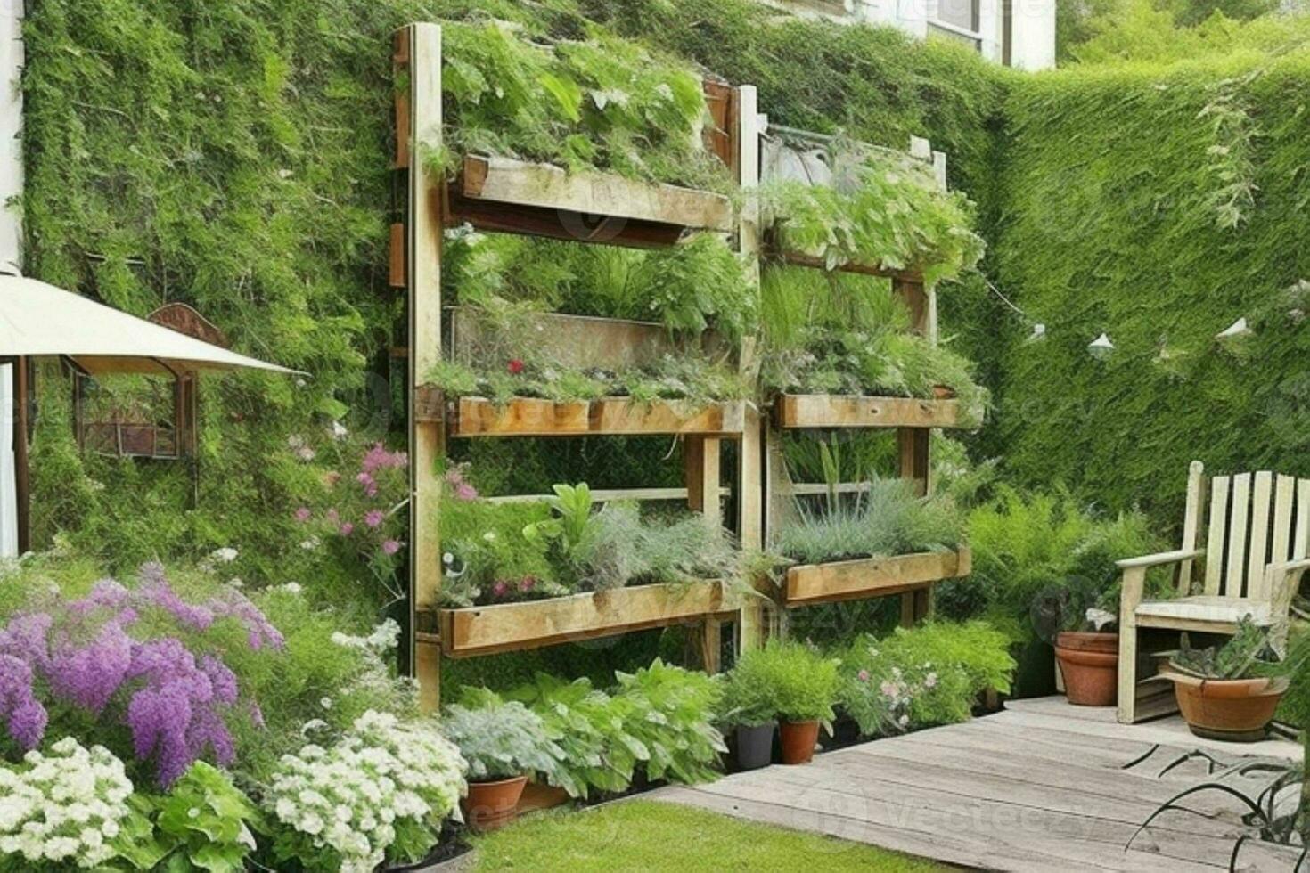 paletas con colgando plantas vertical jardín. antecedentes. ai generativo Pro foto