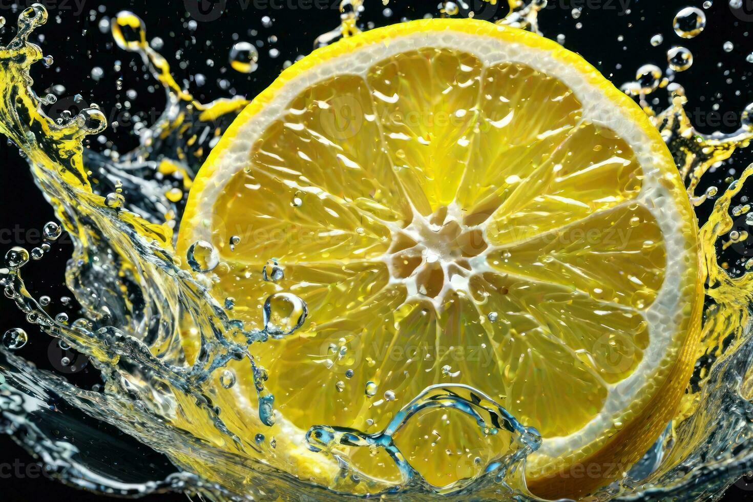 lemons and its slices falling into water and splashing. Generative AI photo