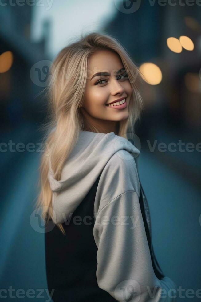 hermosa rubio joven mujer vistiendo suéter capucha permanecer y posando en ciudad calle. atención con Bokeh. generativo ai foto