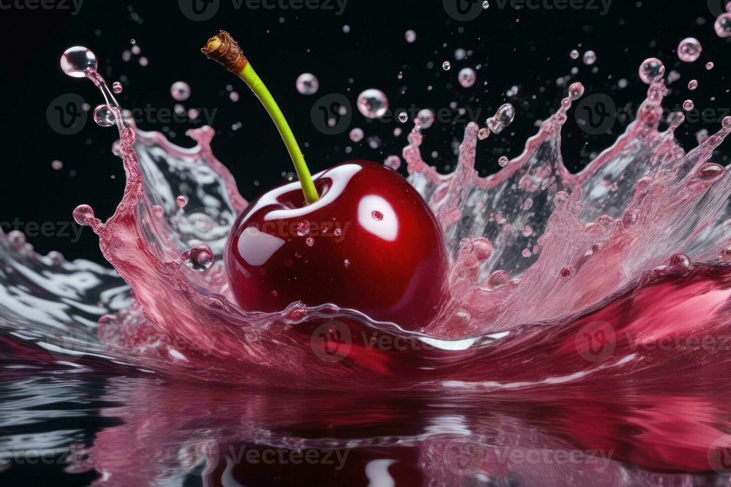 Cherries in water splash on black background. Generative AI photo