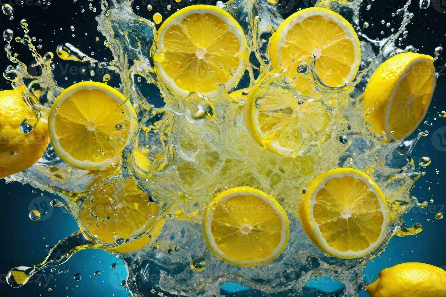 limones y sus rebanadas que cae dentro agua y salpicando generativo ai foto