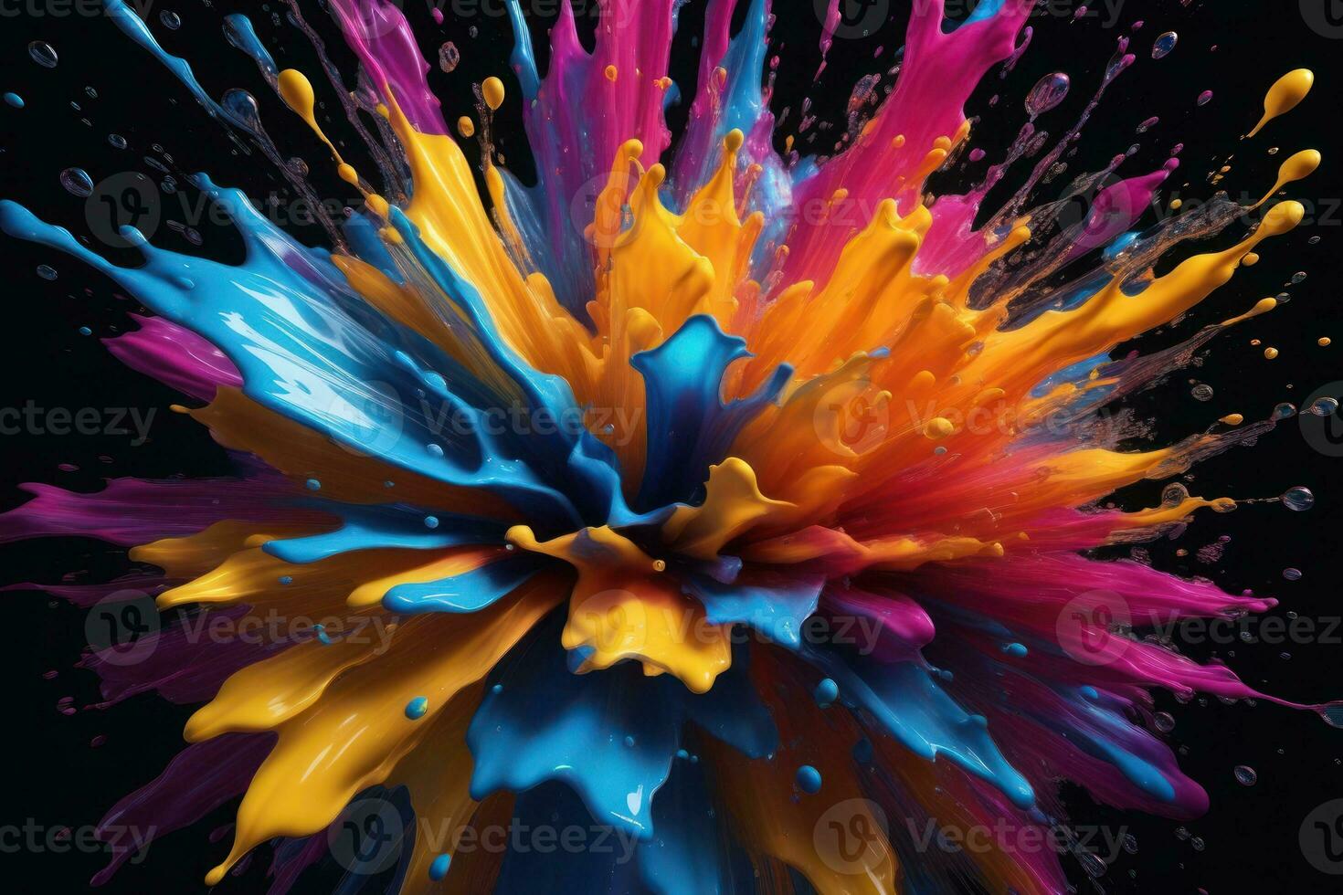 Color liquid splashes on black background. Generative AI photo