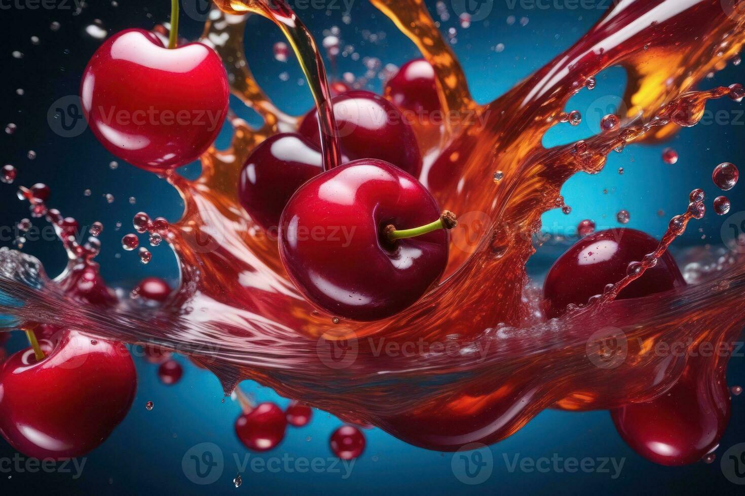 Cherries in water splash on black background. Generative AI photo
