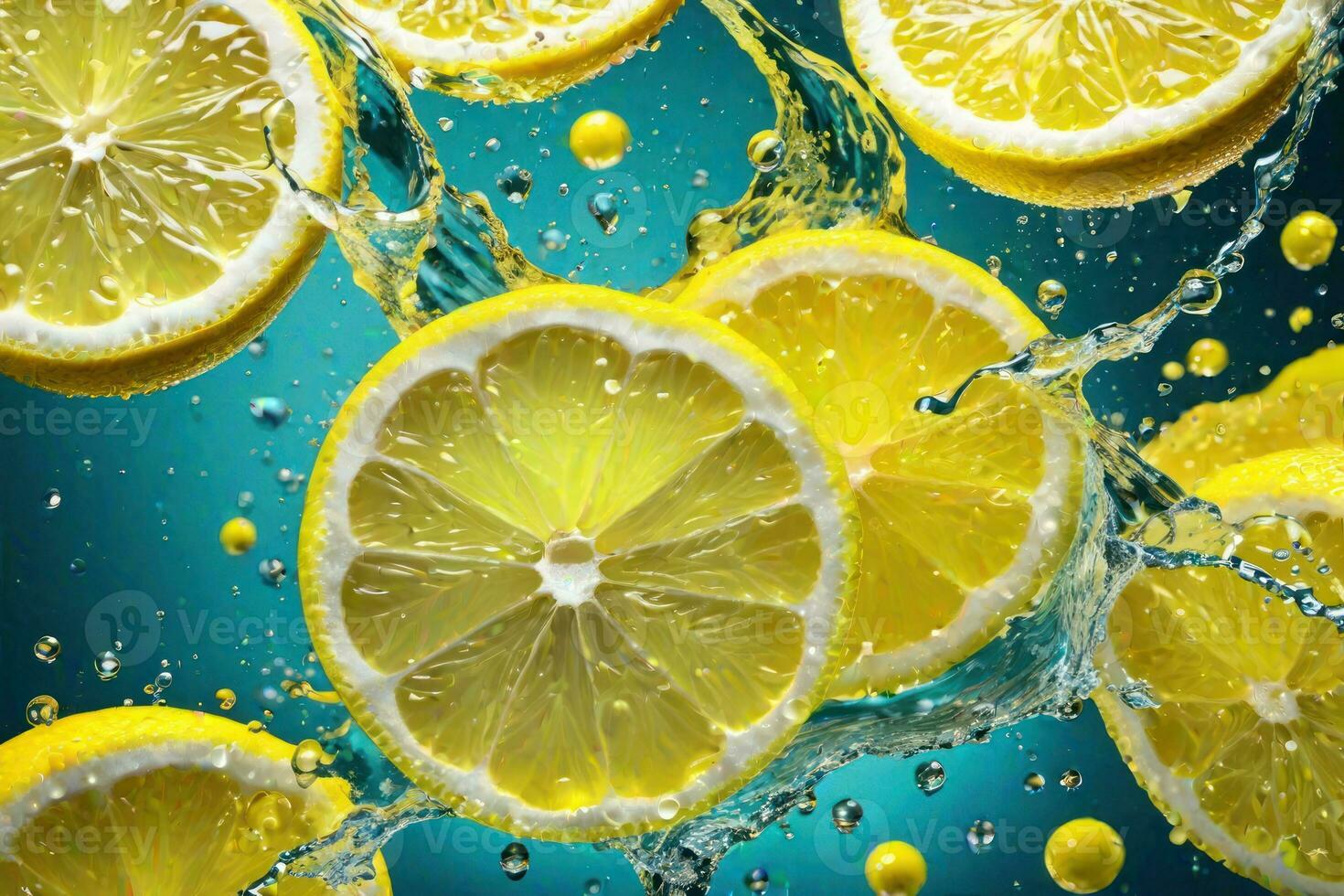 limones y sus rebanadas que cae dentro agua y salpicando generativo ai foto