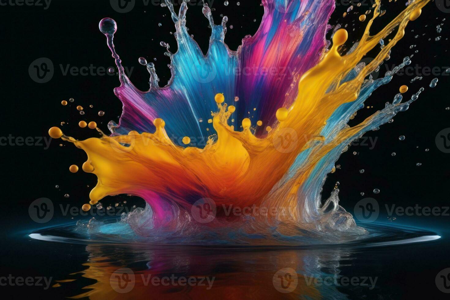 Color liquid splashes on black background. Generative AI photo