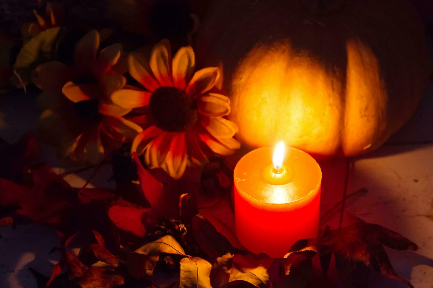 halloween candles and pumpkins in the dark photo