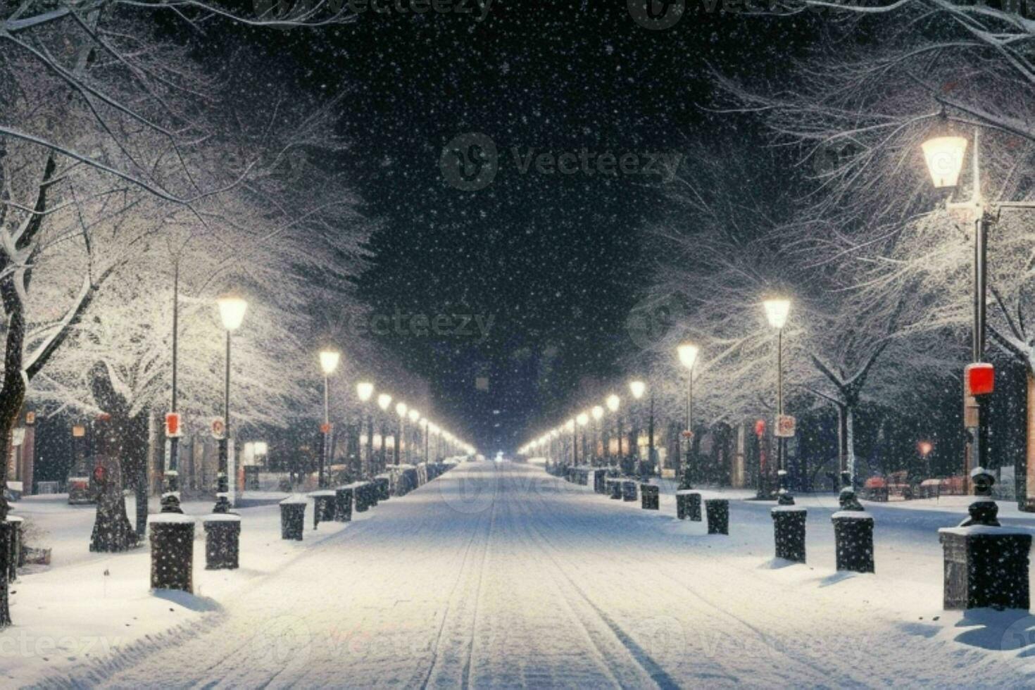 Night snowy Christmas city street. background. AI Generative Pro Photo