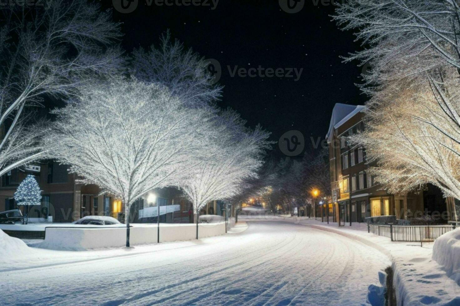 Night snowy Christmas city street. background. AI Generative Pro Photo