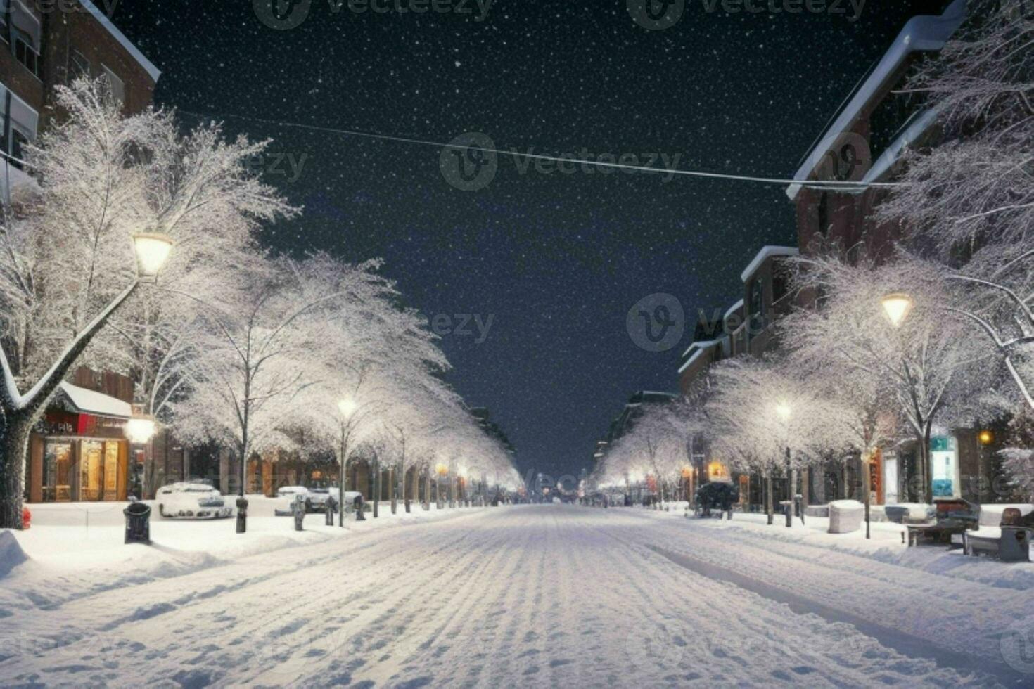 Night snowy Christmas city street. background. AI Generative Pro Photo