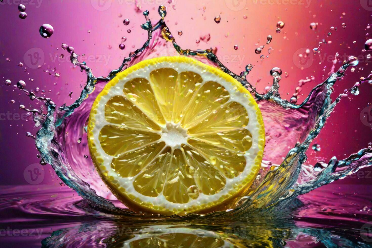 limones y sus rebanadas que cae dentro agua y salpicando generativo ai foto