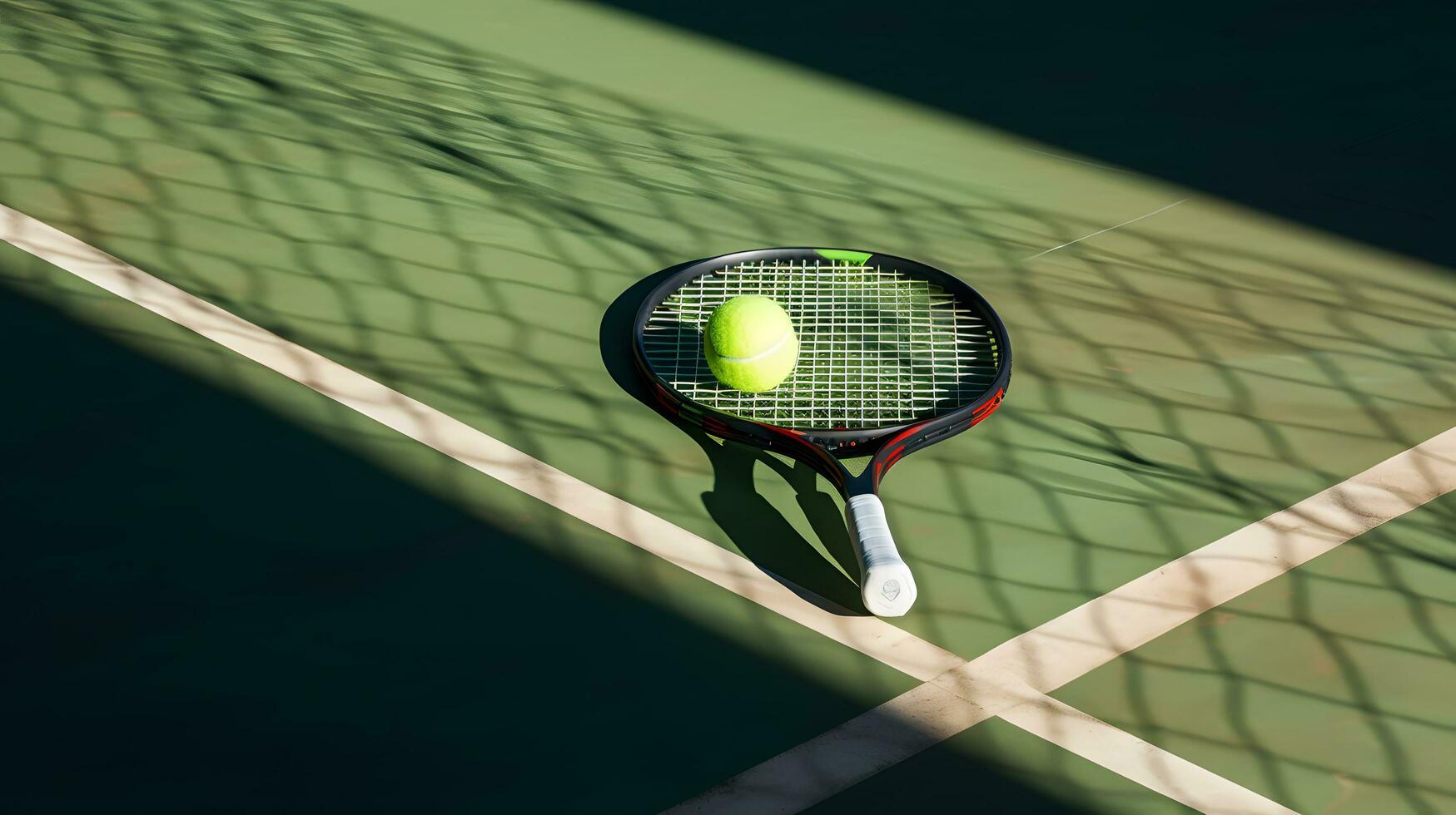 Tennis racket and ball on the tennis court with shadow on the net AI