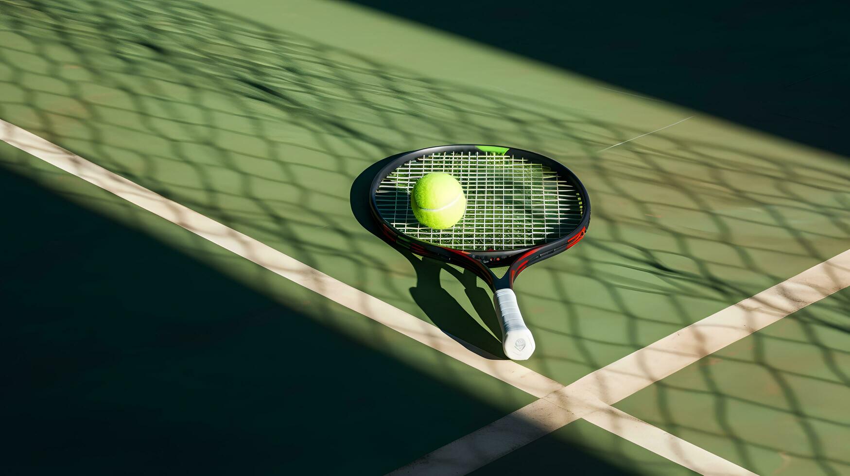 Tennis racket and ball on the tennis court with shadow on the net AI Generated photo