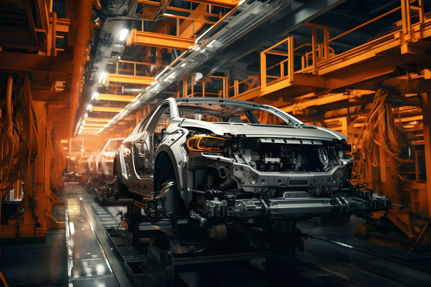 Production line of the automobile factory. Industrial background AI Generated photo