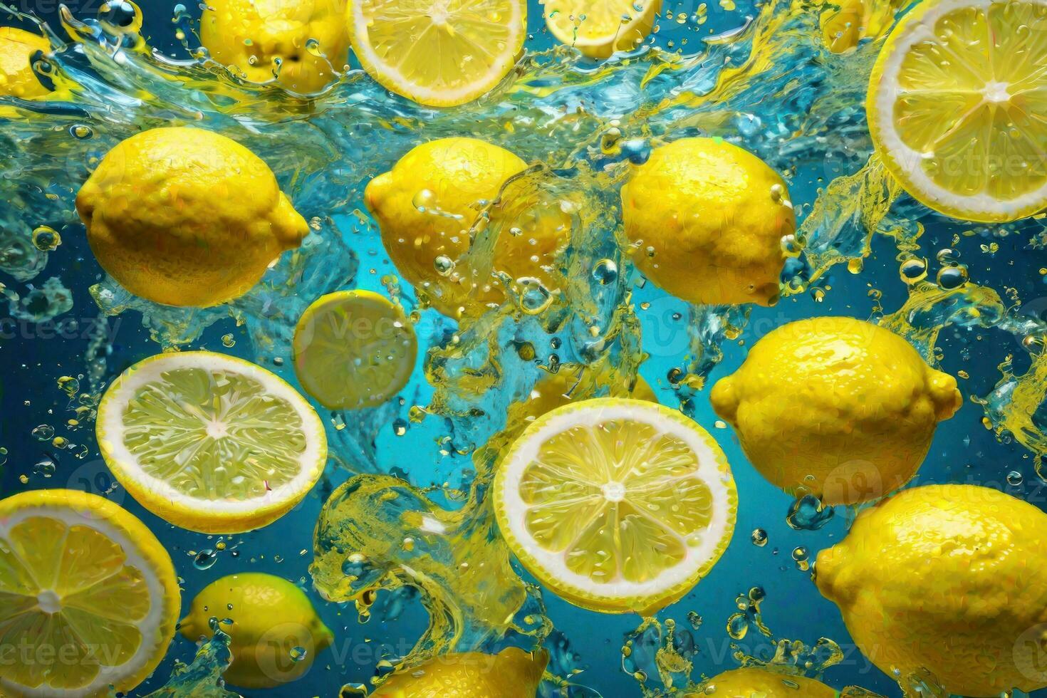 limones y sus rebanadas que cae dentro agua y salpicando generativo ai foto