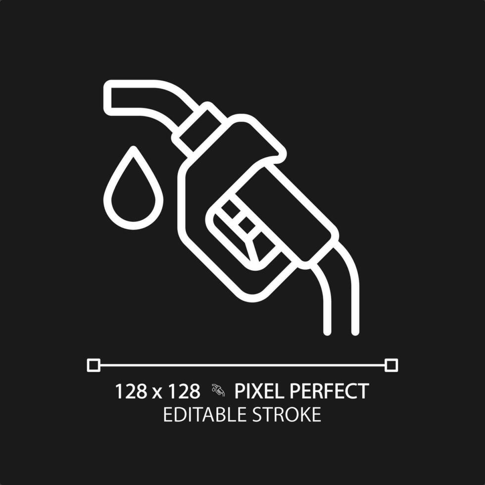 Fuel nozzle white linear icon for dark theme. Gas station. Gasoline pump. Fuel dispenser. Engine running. Refueling car. Thin line illustration. Isolated symbol for night mode. Editable stroke vector