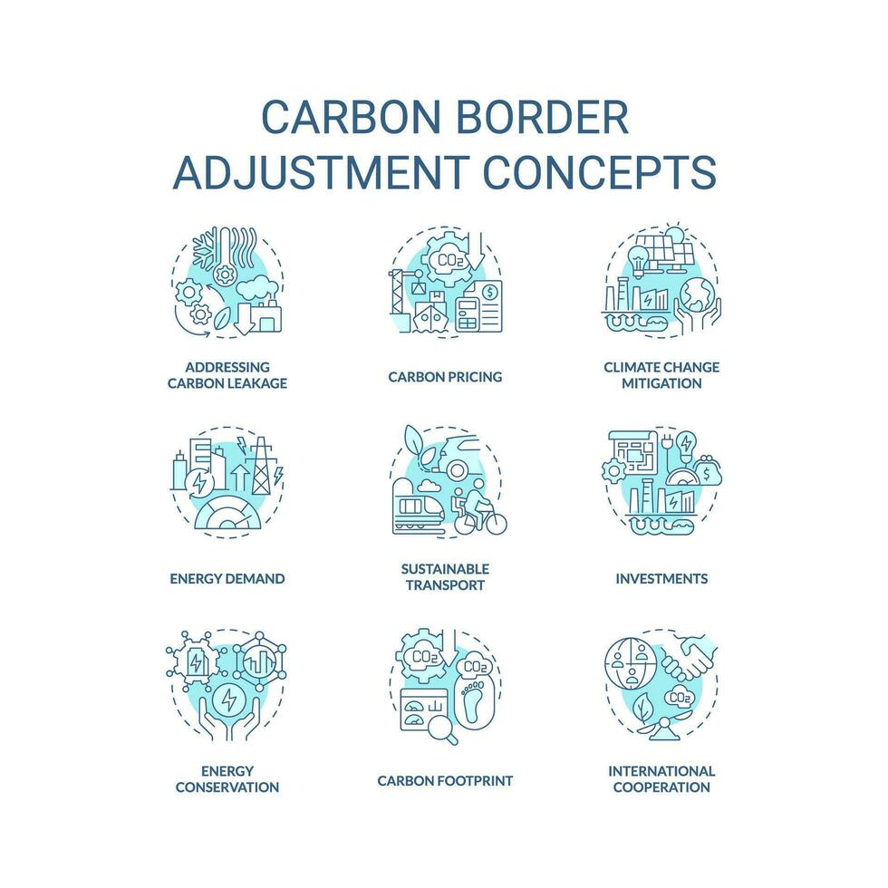 2D blue icons set representing carbon border adjustment linear concepts, isolated vector, thin line illustration. vector